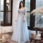 Chic / Belle Bleu Ciel Robe De Soirée 2020 Princesse De l'épaule Manches Courtes Appliques En Dentelle Perlage Longue Volants Dos Nu Robe De Ceremonie