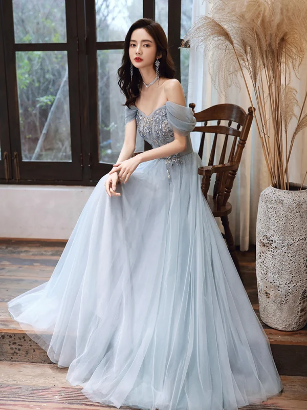 Chic / Belle Bleu Ciel Robe De Soirée 2020 Princesse De l'épaule Manches Courtes Appliques En Dentelle Perlage Longue Volants Dos Nu Robe De Ceremonie