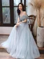 Chic / Belle Bleu Ciel Robe De Soirée 2020 Princesse De l'épaule Manches Courtes Appliques En Dentelle Perlage Longue Volants Dos Nu Robe De Ceremonie