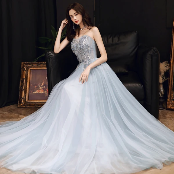 Chic / Belle Bleu Ciel Robe De Soirée 2020 Princesse De l'épaule Manches Courtes Appliques En Dentelle Perlage Longue Volants Dos Nu Robe De Ceremonie