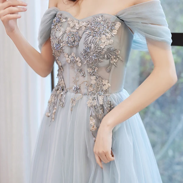 Chic / Belle Bleu Ciel Robe De Soirée 2020 Princesse De l'épaule Manches Courtes Appliques En Dentelle Perlage Longue Volants Dos Nu Robe De Ceremonie