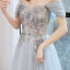 Chic / Belle Bleu Ciel Robe De Soirée 2020 Princesse De l'épaule Manches Courtes Appliques En Dentelle Perlage Longue Volants Dos Nu Robe De Ceremonie