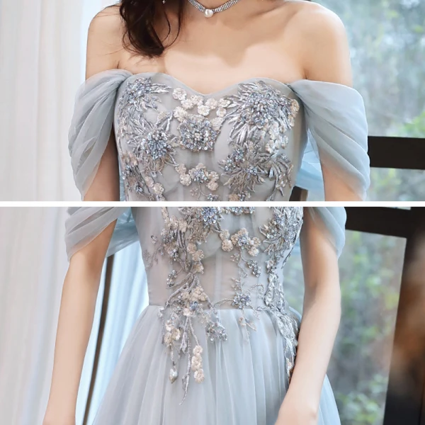 Chic / Belle Bleu Ciel Robe De Soirée 2020 Princesse De l'épaule Manches Courtes Appliques En Dentelle Perlage Longue Volants Dos Nu Robe De Ceremonie