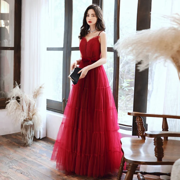 Chic / Belle Rouge Robe De Soirée 2020 Princesse Bretelles Spaghetti Sans Manches Ceinture Glitter Tulle Longue Volants Dos Nu Robe De Ceremonie