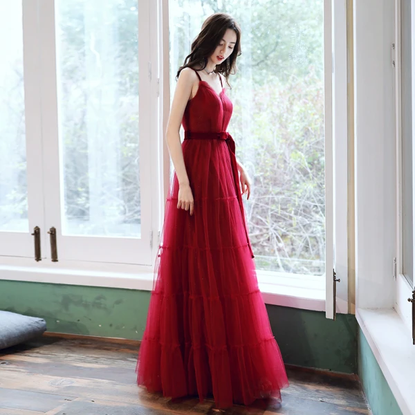 Chic / Belle Rouge Robe De Soirée 2020 Princesse Bretelles Spaghetti Sans Manches Ceinture Glitter Tulle Longue Volants Dos Nu Robe De Ceremonie