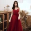 Chic / Belle Rouge Robe De Soirée 2020 Princesse Bretelles Spaghetti Sans Manches Ceinture Glitter Tulle Longue Volants Dos Nu Robe De Ceremonie