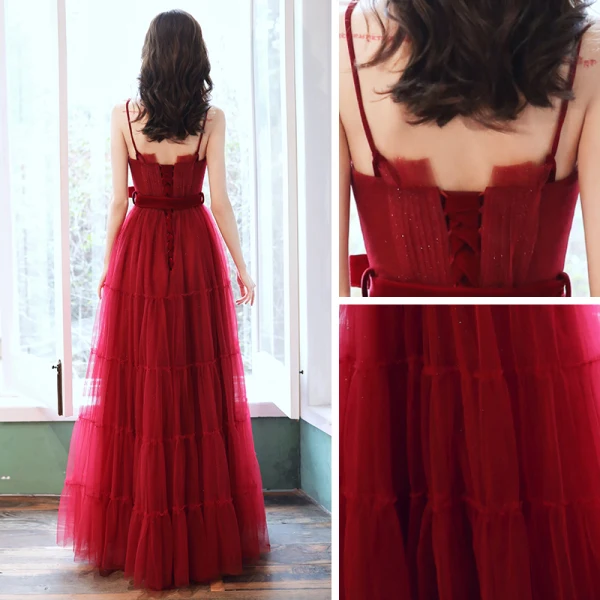 Chic / Belle Rouge Robe De Soirée 2020 Princesse Bretelles Spaghetti Sans Manches Ceinture Glitter Tulle Longue Volants Dos Nu Robe De Ceremonie