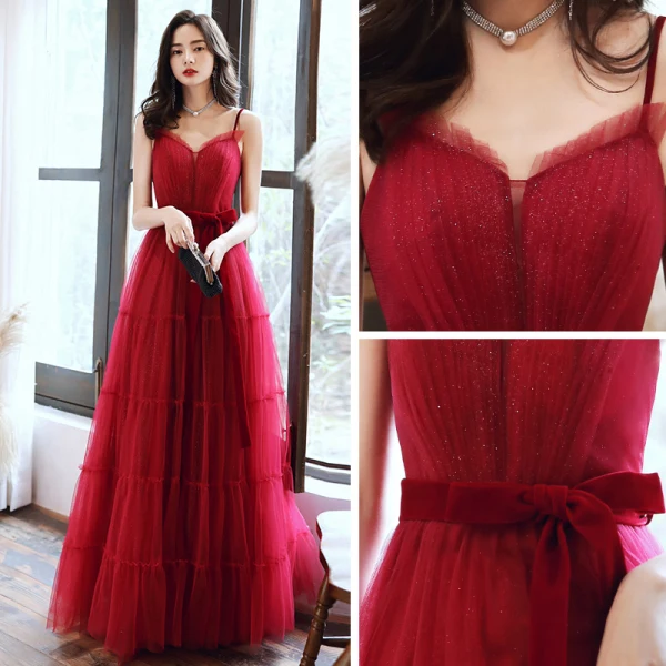 Chic / Belle Rouge Robe De Soirée 2020 Princesse Bretelles Spaghetti Sans Manches Ceinture Glitter Tulle Longue Volants Dos Nu Robe De Ceremonie