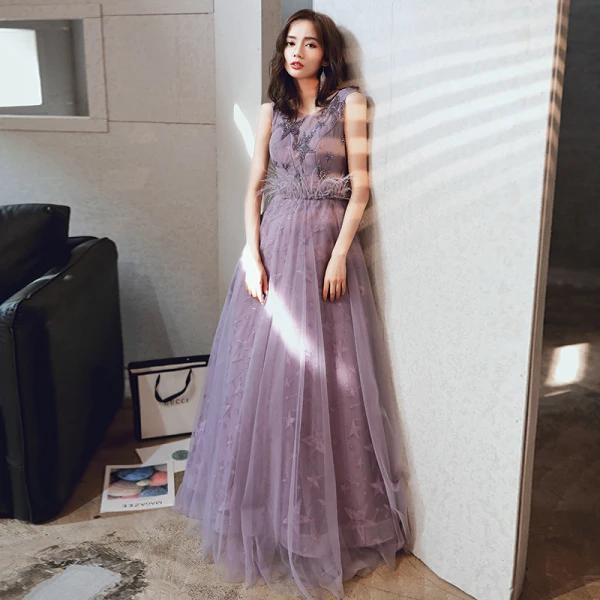 Chic / Beautiful Purple Evening Dresses  2020 A-Line / Princess Scoop Neck Sleeveless Beading Star Embroidered Sequins Floor-Length / Long Ruffle Backless Formal Dresses