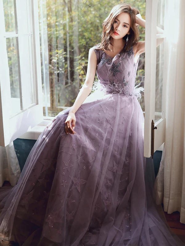 Chic / Beautiful Purple Evening Dresses  2020 A-Line / Princess Scoop Neck Sleeveless Beading Star Embroidered Sequins Floor-Length / Long Ruffle Backless Formal Dresses