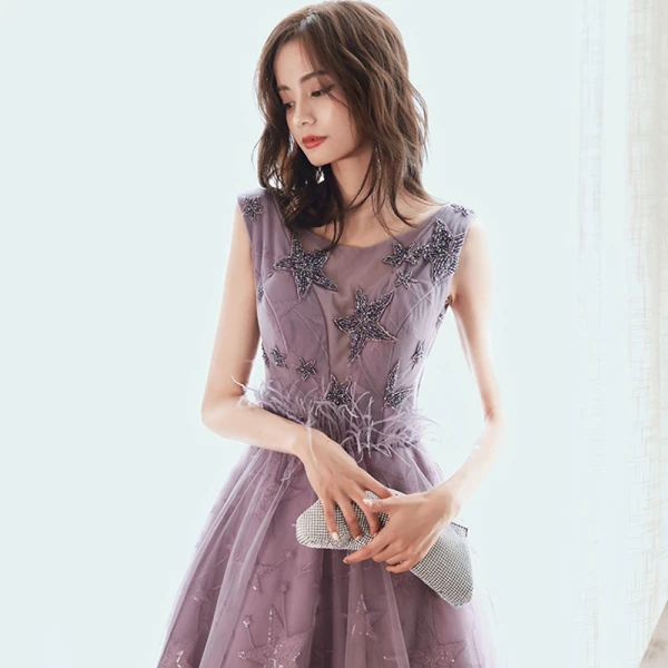 Chic / Beautiful Purple Evening Dresses  2020 A-Line / Princess Scoop Neck Sleeveless Beading Star Embroidered Sequins Floor-Length / Long Ruffle Backless Formal Dresses
