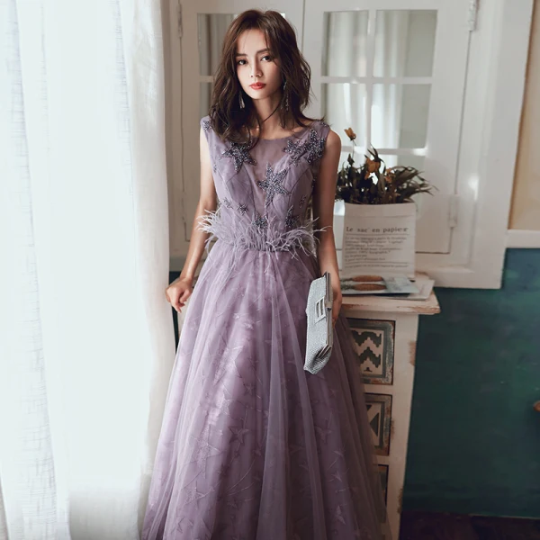 Chic / Beautiful Purple Evening Dresses  2020 A-Line / Princess Scoop Neck Sleeveless Beading Star Embroidered Sequins Floor-Length / Long Ruffle Backless Formal Dresses