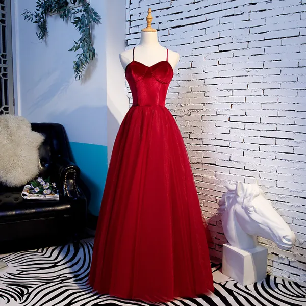 Modest / Simple Red Prom Dresses 2020 A-Line / Princess Spaghetti Straps Sleeveless Floor-Length / Long Backless Ruffle Formal Dresses