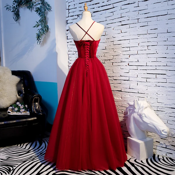 long backless red prom dresses Long A-line Tulle Lace Backless Prom Dresses Red Formal Evening Dresses main image 1