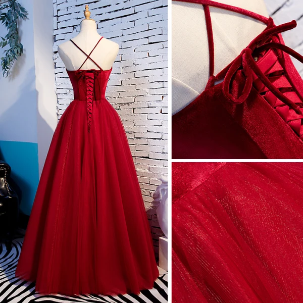 Simple Rouge Robe De Bal 2020 Princesse Bretelles Spaghetti Sans Manches Longue Dos Nu Volants Robe De Ceremonie
