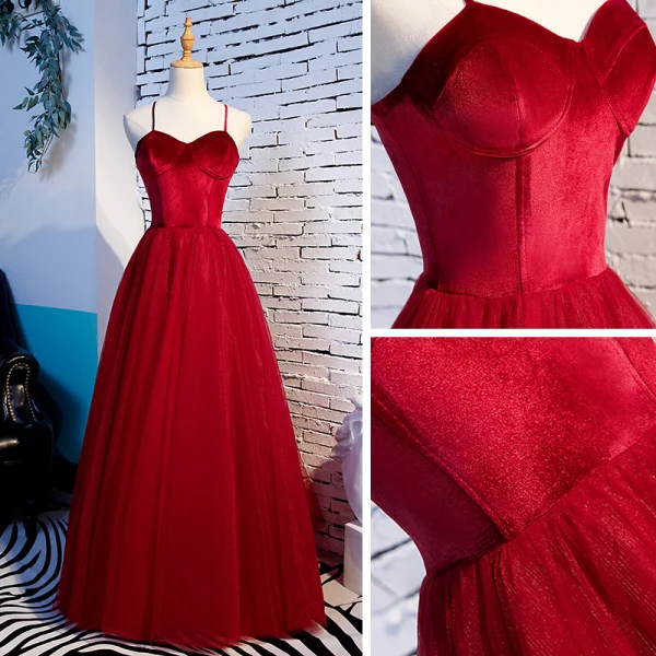Simple Rouge Robe De Bal 2020 Princesse Bretelles Spaghetti Sans Manches Longue Dos Nu Volants Robe De Ceremonie