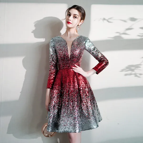 Sparkly Silver Gradient-Color Red Sequins Party Dresses 2020 A-Line / Princess Deep V-Neck 3/4 Sleeve Short Backless Formal Dresses