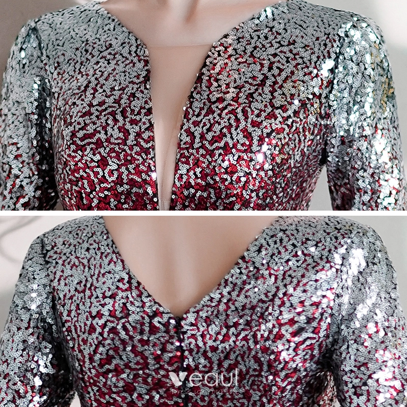 Sparkly Silver Gradient-Color Red Sequins Party Dresses 2020 A-Line /  Princess Deep V-Neck 3/