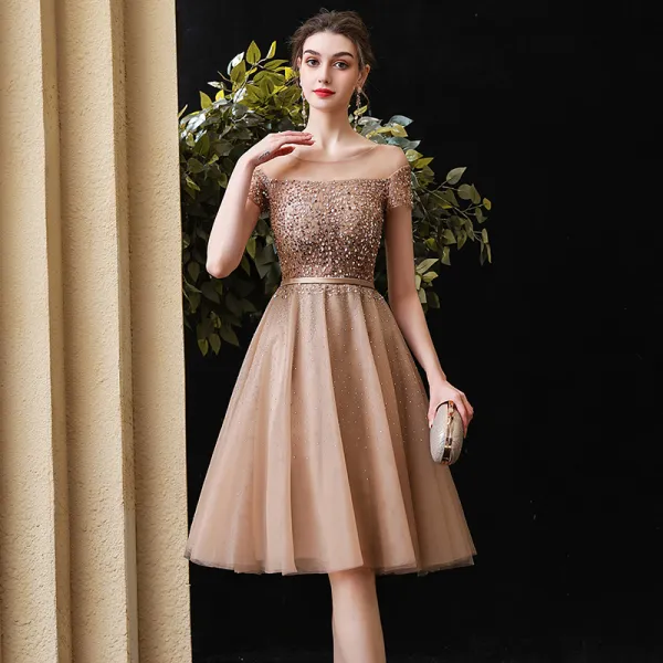 Elegant Champagne Party Dresses 2020 A-Line / Princess See-through Scoop Neck Short Sleeve Beading Sequins Sash Knee-Length Ruffle Backless Formal Dresses