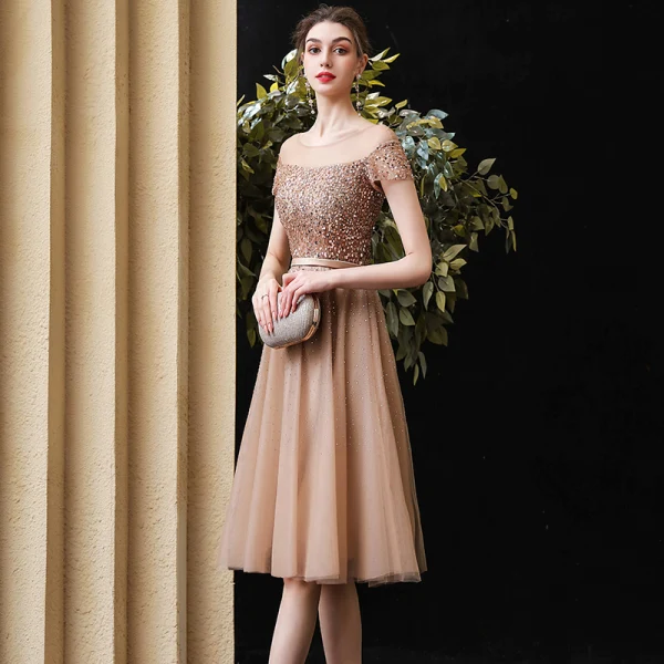 Elegant Champagne Party Dresses 2020 A-Line / Princess See-through Scoop Neck Short Sleeve Beading Sequins Sash Knee-Length Ruffle Backless Formal
