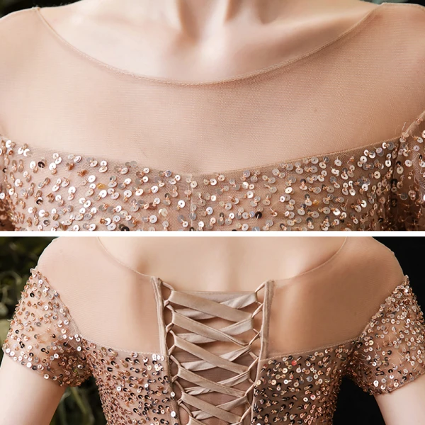 Élégant Champagne Robe De Fete 2020 Princesse Transparentes Encolure Dégagée Manches Courtes Perlage Paillettes Ceinture Mi-Longues Volants Dos Nu Robe De Ceremonie