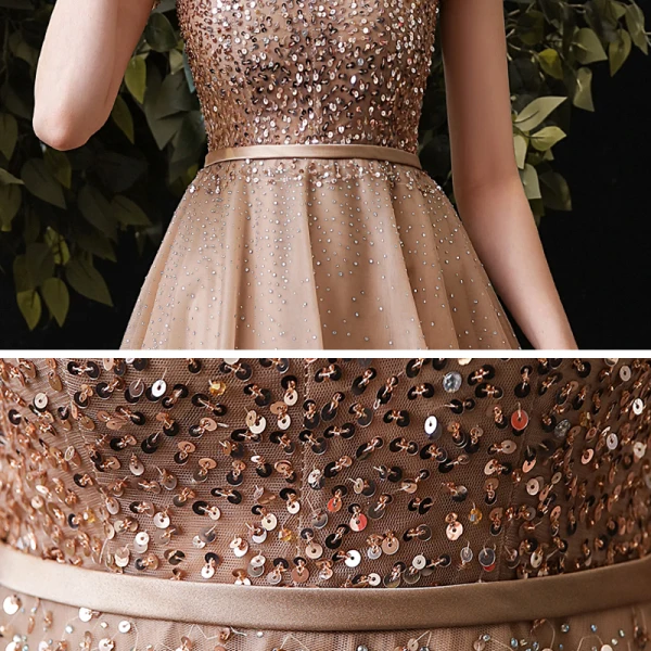 Élégant Champagne Robe De Fete 2020 Princesse Transparentes Encolure Dégagée Manches Courtes Perlage Paillettes Ceinture Mi-Longues Volants Dos Nu Robe De Ceremonie