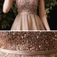 Élégant Champagne Robe De Fete 2020 Princesse Transparentes Encolure Dégagée Manches Courtes Perlage Paillettes Ceinture Mi-Longues Volants Dos Nu Robe De Ceremonie