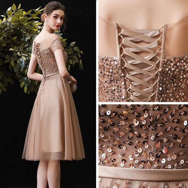Élégant Champagne Robe De Fete 2020 Princesse Transparentes Encolure Dégagée Manches Courtes Perlage Paillettes Ceinture Mi-Longues Volants Dos Nu Robe De Ceremonie