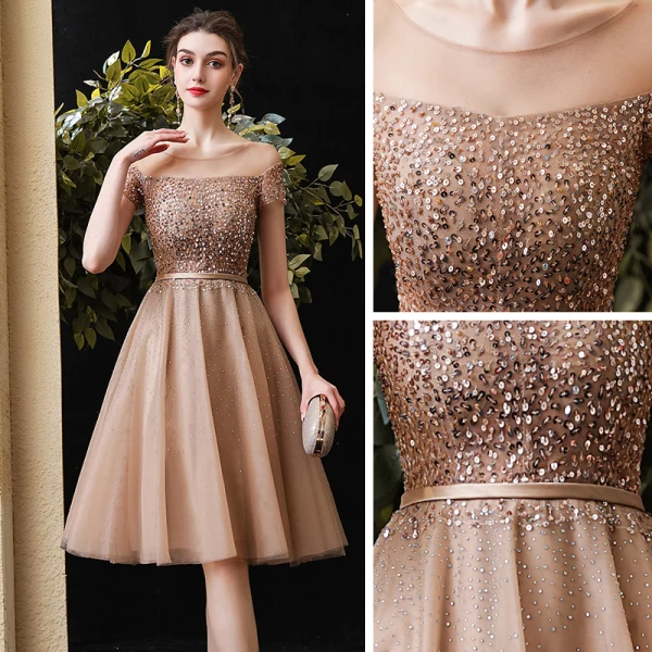 Élégant Champagne Robe De Fete 2020 Princesse Transparentes Encolure Dégagée Manches Courtes Perlage Paillettes Ceinture Mi-Longues Volants Dos Nu Robe De Ceremonie