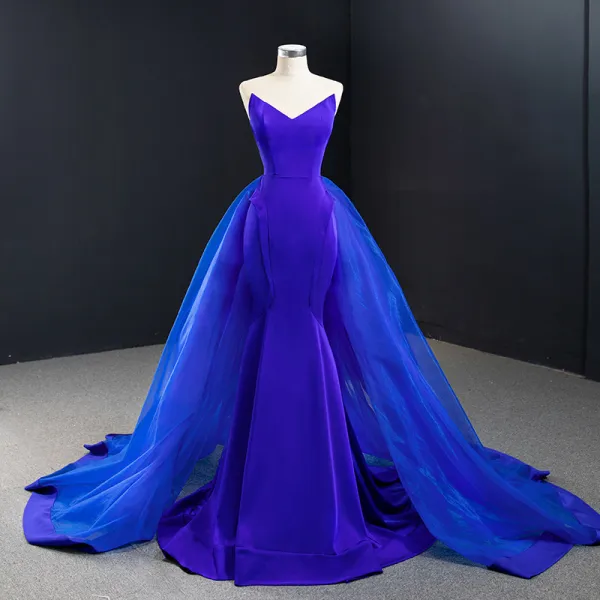 High-end Royal Blue Red Carpet Evening Dresses  2020 Trumpet / Mermaid Sweetheart Sleeveless Sweep Train Ruffle Backless Formal Dresses