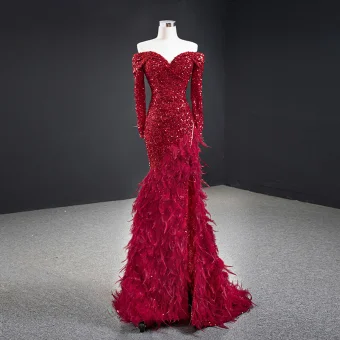 High End Red Sequins Red Carpet Evening Dresses 2020 Trumpet Mermaid Off The Shoulder Long Sleeve Feather Sweep Train Ruffle Backless Formal Dresses