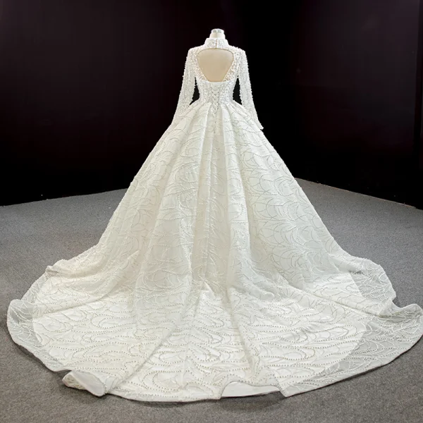Luxury / Gorgeous High-end Ivory Bridal Wedding Dresses 2020 Ball Gown High Neck Long Sleeve Backless Handmade Pearl Cathedral Train