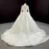 Luxury / Gorgeous High-end Ivory Bridal Wedding Dresses 2020 Ball Gown High Neck Long Sleeve Backless Handmade  Pearl Cathedral Train