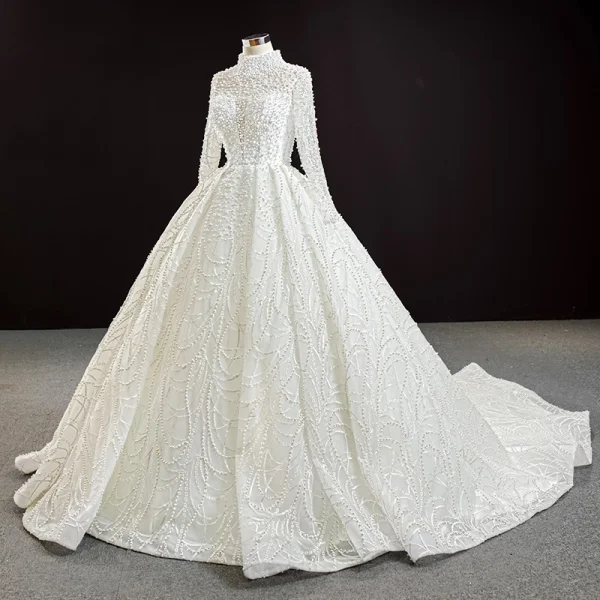 Luxury / Gorgeous High-end Ivory Bridal Wedding Dresses 2020 Ball Gown High Neck Long Sleeve Backless Handmade Pearl Cathedral Train
