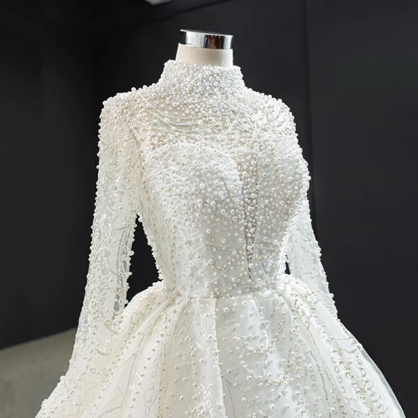 Luxury / Gorgeous High-end Ivory Bridal Wedding Dresses 2020 Ball Gown High Neck Long Sleeve Backless Handmade Pearl Cathedral Train