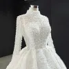 Luxury / Gorgeous High-end Ivory Bridal Wedding Dresses 2020 Ball Gown High Neck Long Sleeve Backless Handmade  Pearl Cathedral Train