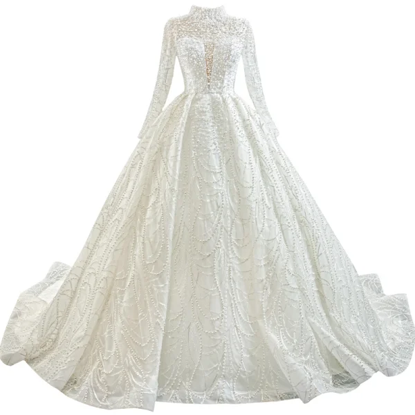 Luxury / Gorgeous High-end Ivory Bridal Wedding Dresses 2020 Ball Gown High Neck Long Sleeve Backless Handmade Pearl Cathedral Train