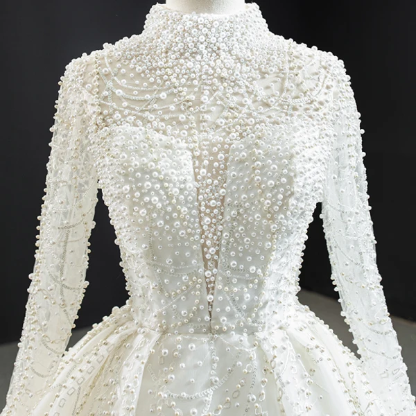 Luxury / Gorgeous High-end Ivory Bridal Wedding Dresses 2020 Ball Gown High Neck Long Sleeve Backless Handmade Pearl Cathedral Train