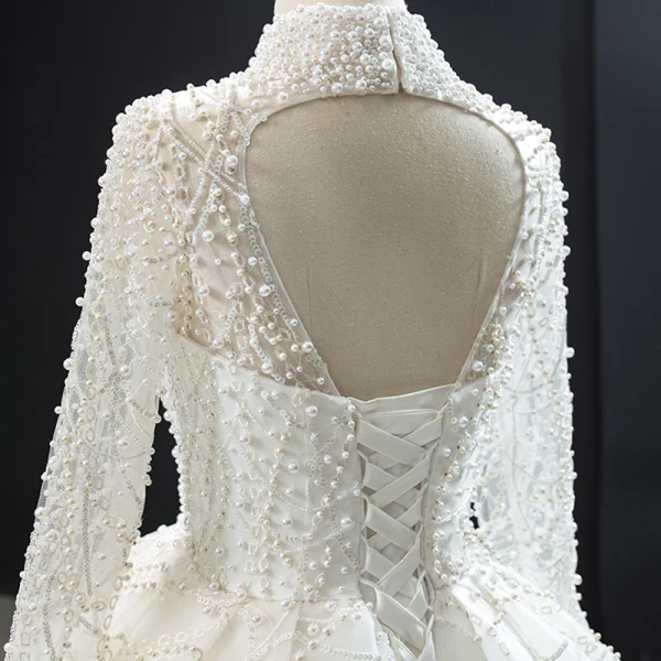Luxury / Gorgeous High-end Ivory Bridal Wedding Dresses 2020 Ball Gown High Neck Long Sleeve Backless Handmade Pearl Cathedral Train