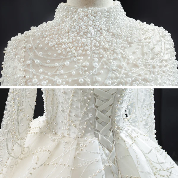 Luxury / Gorgeous High-end Ivory Bridal Wedding Dresses 2020 Ball Gown High Neck Long Sleeve Backless Handmade Pearl Cathedral Train