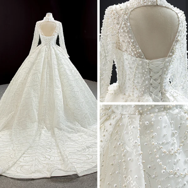 Luxury / Gorgeous High-end Ivory Bridal Wedding Dresses 2020 Ball Gown High Neck Long Sleeve Backless Handmade Pearl Cathedral Train