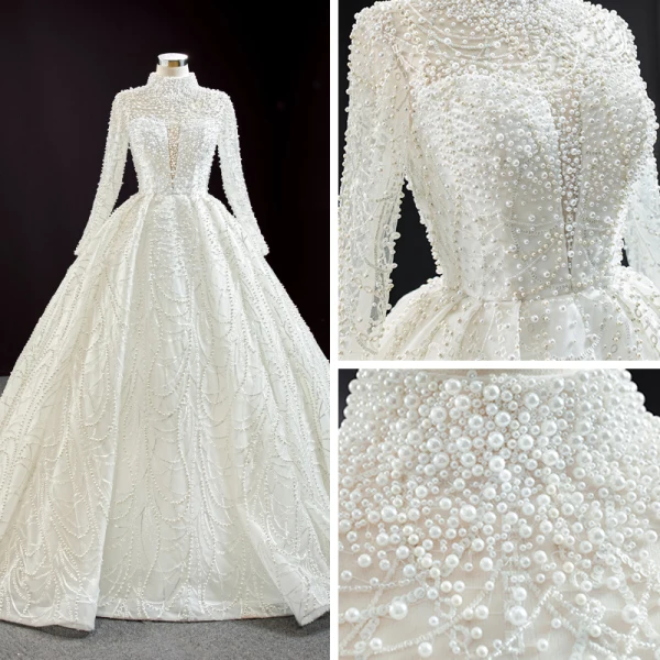 Luxury / Gorgeous High-end Ivory Bridal Wedding Dresses 2020 Ball Gown High Neck Long Sleeve Backless Handmade Pearl Cathedral Train