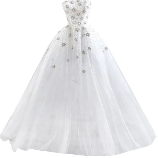 Luxe Blanche La Mariée Robe De Mariée 2020 Robe Boule Bustier Sans Manches Dos Nu Fait main Perlage Train De Balayage Volants