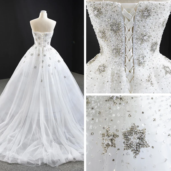 Luxe Blanche La Mariée Robe De Mariée 2020 Robe Boule Bustier Sans Manches Dos Nu Fait main Perlage Train De Balayage Volants