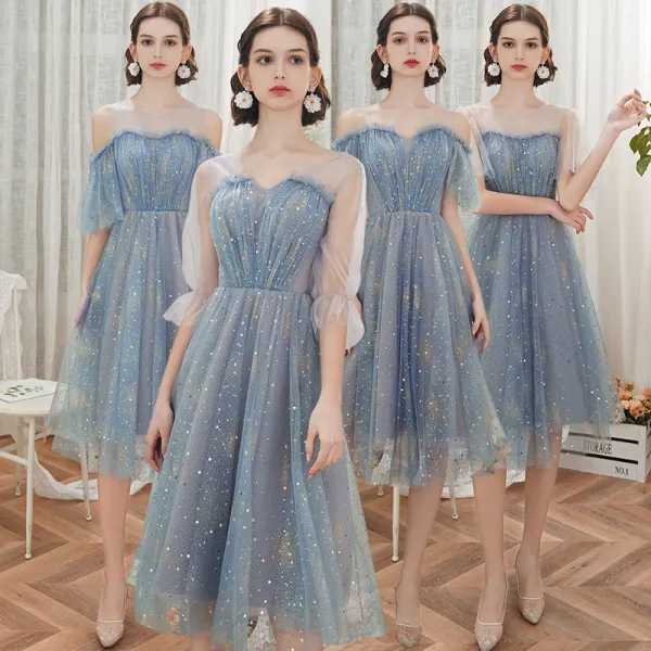 Affordable Ocean Blue Bridesmaid Dresses 2020 A-Line / Princess Backless Star Sequins Tea-length Ruffle