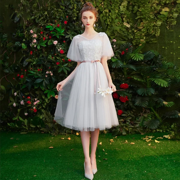 grey tea length bridesmaid dresses Beautiful Short Sleeves V-Neck Soft Satin Cheap Short Bridesmaid Dresses