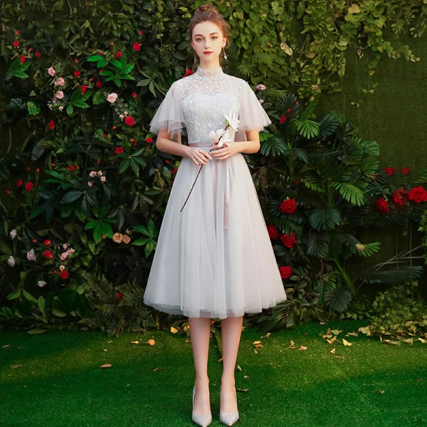 Affordable Grey Bridesmaid Dresses 2020 A-Line / Princess Backless Appliques Lace Sash Tea-length Ruffle Affordable Grey Bridesmaid Dresses 2020 A-Line / Princess Backless Appliques Lace Sash Tea-length Ruffle