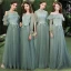 Affordable Sage Green Bridesmaid Dresses 2020 A-Line / Princess Appliques Lace Backless Floor-Length / Long Ruffle