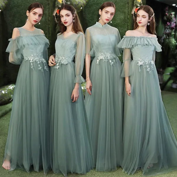 Affordable Sage Green Bridesmaid Dresses 2020 A-Line / Princess Appliques Lace Backless Floor-Length / Long Ruffle