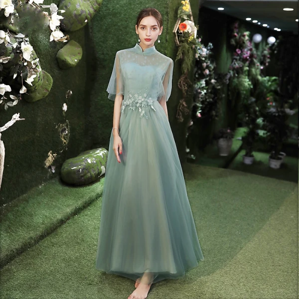 Affordable Sage Green Bridesmaid Dresses 2020 A-Line / Princess Appliques Lace Backless Floor-Length / Long Ruffle